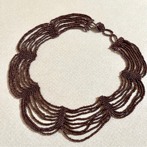 Antique Handmade Glass Seed Bead Necklace in Brown Beaded Collar Bib Necklace - Picture 3 of 8